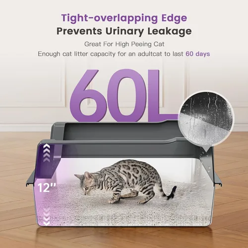 Vista 3 de Caja de arena extragrande XXL de acero inoxidable para gatos con tapa, 26" L x 18" W x 12" H caja de arena de metal con lados altos para gatos