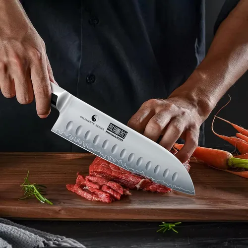 Vista 7 de HOSHANHO Cuchillo Santoku de 7 pulgadas, cuchillo de chef profesional japonés de acero de alto carbono, cuchillo de cocina afilado con mango
