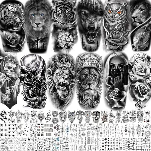 Vista 13 de VANTATY 20 hojas de tatuajes temporales extra grandes de brazo completo para hombres adultos, manga de tatuajes temporales de tigre, serpiente