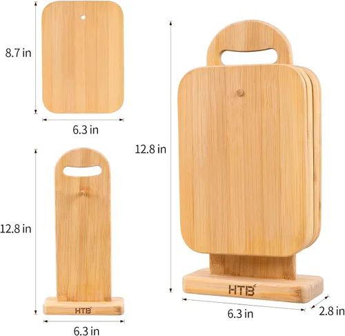 Vista 6 de Juego de tablas de cortar de bambú para cocina,Tablas de cortar pequeñas con soporte,Tablas de servir para sándwich queso comida desayuno