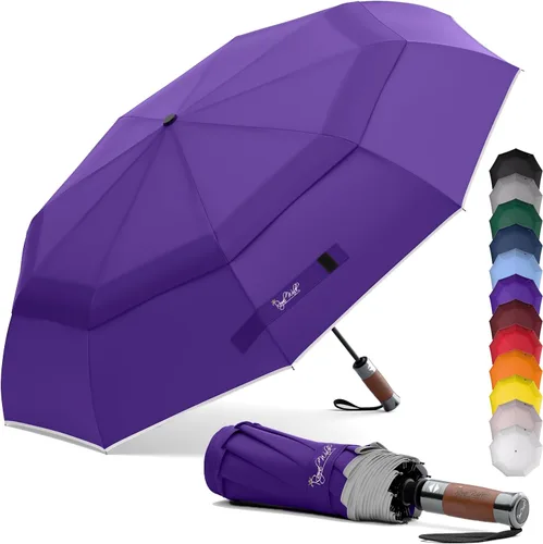 Vista 15 de Royal Walk Paraguas plegable resistente al viento, viaje compacto y fuerte, lujoso, mango de madera real, apertura y cierre automático, doble toldo