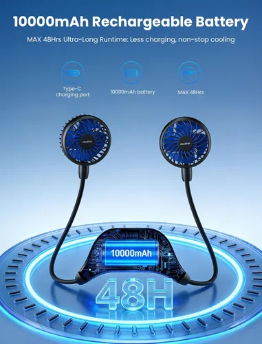 Vista 7 de HandFan Ventilador de cuello de 10000 mAh, rotación de 360°, ventiladores portátiles manos libres para tu cuello, 48 horas de duración, recargable