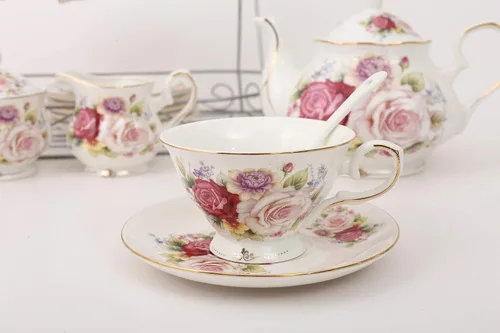 Vista 4 de Juegos de té de cerámica europeos de 15 piezas,Juego de café de porcelana de hueso con soporte de metal,Colorida rosa pintura calabaza café té