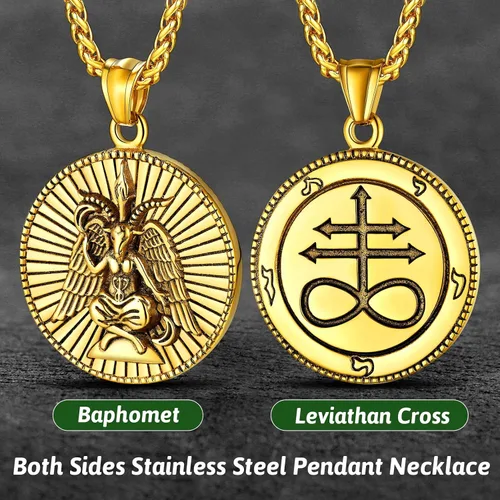 Vista 2 de FaithHeart Leviathan Satanic Brimstone Cross Necklace, Gold Plated Stainless Steel Satan Church Jewelry, Alchemical Symbol for Brimstone Pendant