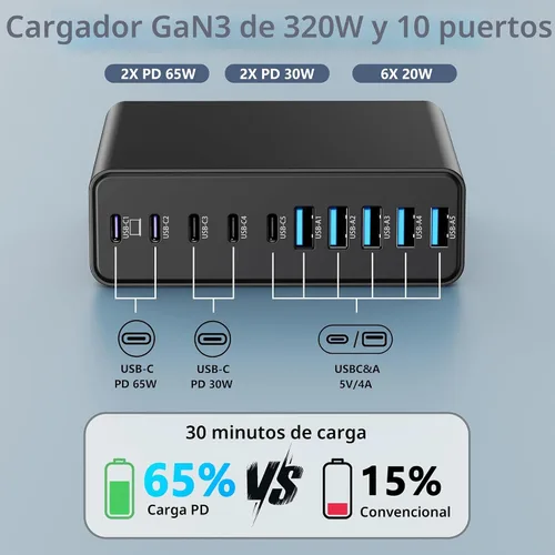 Vista 2 de Bloque de Cargador USB C de 320W, Estación de Carga de 10 Puertos USB C GaN III PD 65W Adaptador de Carga Rápida para Laptop para MacBook Pro/Air