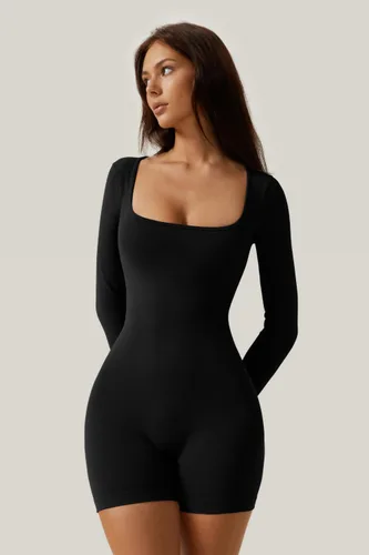 Vista 4 de Meyeeka Women's Sexy Square Neck Romper Seamless Long Sleeve Stretch Short Jumpsuits