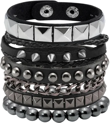 Vista 6 de Eigso Juego de 4 pulseras de cuero punk, con tachuelas de roca para hombres y mujeres, estilo retro, clásico, con pinchos, de metal, para hombre