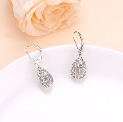 Vista 53 de Aretes colgantes de filigrana de plata de ley 925, margarita, loto, flor de rosa, piedra lunar, lágrima para mujer, nudo celta infinito, margarita