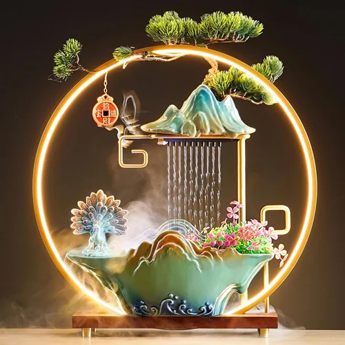 Vista 9 de Fuente interior de mesa con grúa, fuente de cascada, quemador de incienso, decoración de Feng Shui para buena suerte, fuente de cerámica con luz
