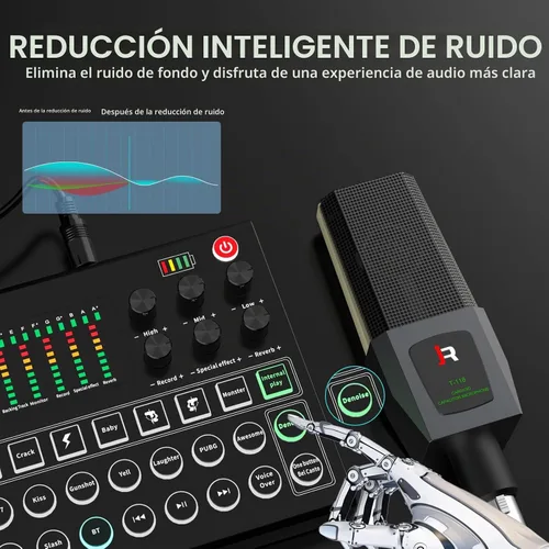 Vista 3 de RHM M9 Paquete de equipo de podcast, interfaz de audio todo en uno con micrófono y auriculares, 13 efectos de sonido, soporte para cambio