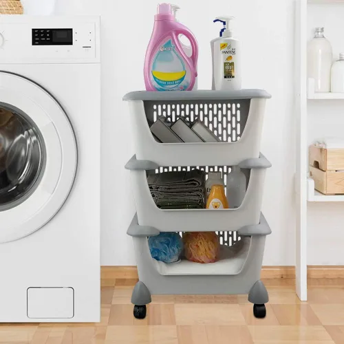 Vista 5 de Asking Cesta de almacenamiento apilable de cocina de plástico gris, cesta organizadora apilable de 3 niveles con ruedas