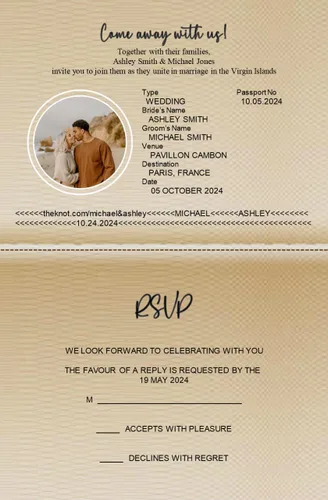 Vista 4 de Invitaciones de boda Pasaporte Destino Invitaciones de boda con RSVP Postal desmontable Cantidad de 50