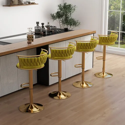 Vista 10 de Juego de 2 taburetes de bar giratorios de 360°, silla de bar de terciopelo ajustable a altura de mostrador moderna, taburete de metal plateado