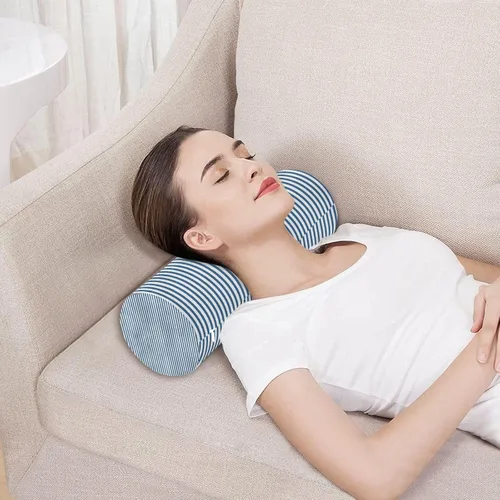Vista 5 de Rollo cervical para el cuello, almohada redonda de rayas azules y blancas, almohada de espuma viscoelástica lavable, almohada de refuerzo
