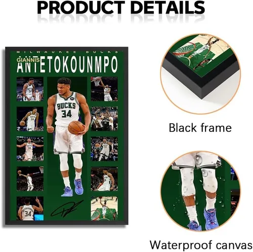 Vista 3 de Póster firmado de la superestrella del baloncesto Giannis Antetokounmpo para niños, decoración de pared, dormitorio, decoración de pared, lienzo