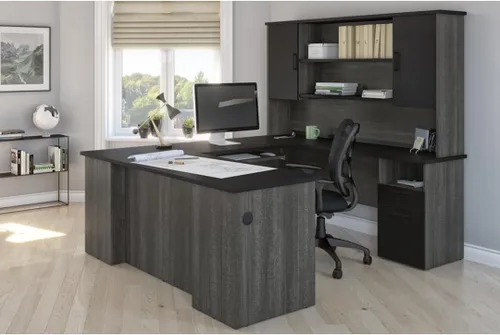 Vista 2 de Bestar Escritorio ejecutivo en forma de U o L con gabinete, negro y gris