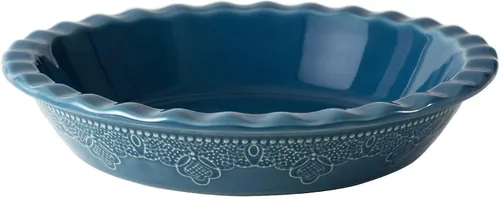 Vista 12 de Fun Elements - Molde para tartas de cerámica de 9 pulgadas, sartén profunda con relieve de encaje, plato con volantes para hornear, juego de 2, azul