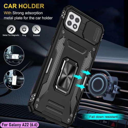Vista 8 de Funda resistente para Samsung Galaxy A22 (5G), protector híbrido de goma de doble capa de grado militar con protector de cámara deslizante, soporte