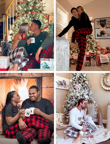 Vista 6 de SWOMOG Pijamas de Navidad para adultos, pantalones de pijama a cuadros con bolsillos, camisetas de manga larga para parejas y familia