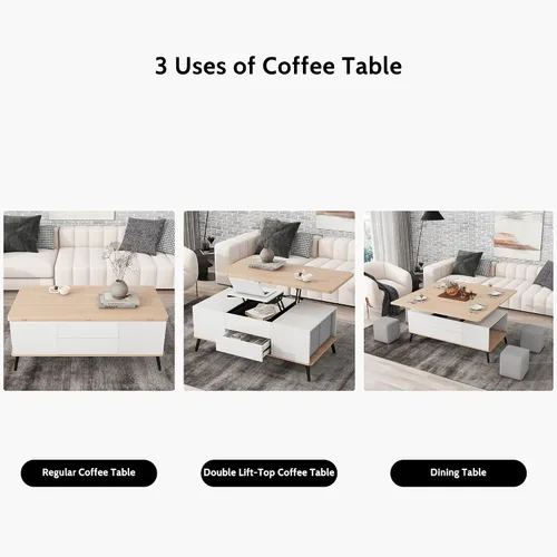 Vista 6 de Juego de 5 mesas auxiliares elevables con almacenamiento convertible con otomanas, para sala de estar, dormitorio, oficina, comedor (blanco antiguo)