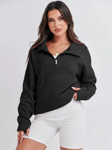 Vista 2 de ANRABESS Sudaderas con capucha corta con media cremallera para mujer, sudadera de forro polar con cremallera de un cuarto, ropa de invierno 2023