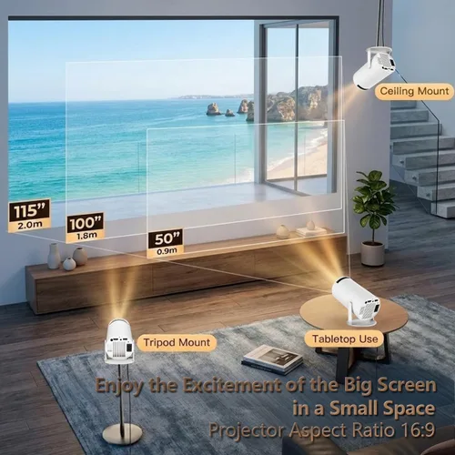 Vista 5 de Mini proyector con Wifi y Bluetooth, soporte 4K con Android 11 blanco-1