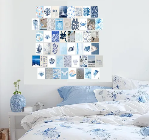 Vista 6 de Arte de pared de surf costero de playa, juego de 50 pósteres e impresiones de collage sin marco, decoración de pared de playa retro azul, decoración