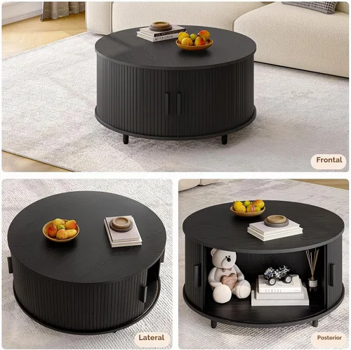 Vista 5 de ONBRILL Mesa Redonda de Café con Almacenamiento, Mesa Moderna de Café de 31.5" con Puerta Deslizante Curvada de 360°, Mesa Redonda de Centro