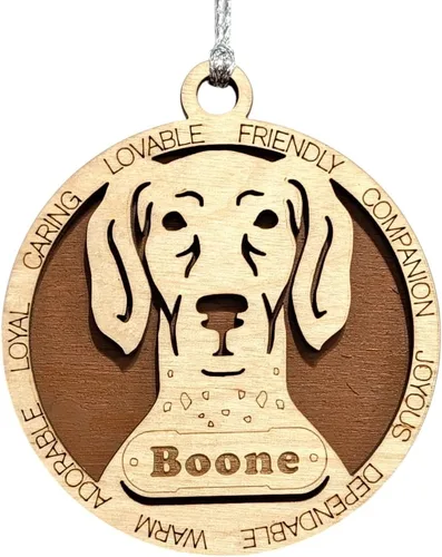 Vista 100 de Adorno de Navidad personalizado para perro Cavalier King Charles Spaniel, redondo de 3 pulgadas, madera cortada con láser de 2 capas, nombre y texto