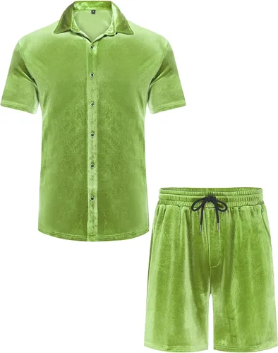 Vista 4 de LecGee Conjunto de pantalones cortos casuales de verano para hombre, camisa de terciopelo de manga corta con botones, pantalones cortos de cintura
