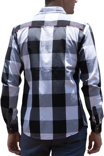 Vista 7 de Camisas Fredd Marshall para hombre, manga larga, ajustadas, 100% algodón a cuadros Negro