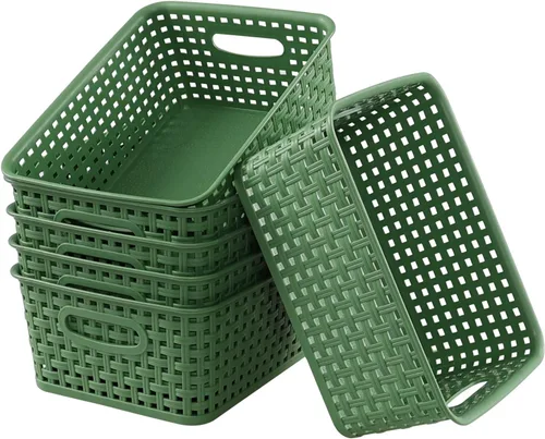 Vista 2 de Sadstory - Cesta de almacenamiento tejida de plástico verde oscuro, cesta de plástico para estantes, 6 paquetes