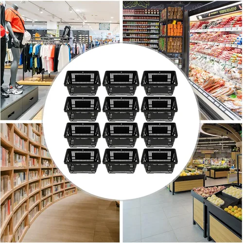 Vista 6 de Cesta de la compra con asas, cesta de comestibles portátil de 21 litros para supermercado, 12 unidades, cesta de la compra negra para librería
