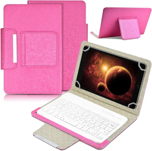 Vista 8 de DETUOSI Funda universal para tableta Android de 8.0 pulgadas con teclado, teclado Bluetooth inalámbrico extraíble + funda de piel sintética +