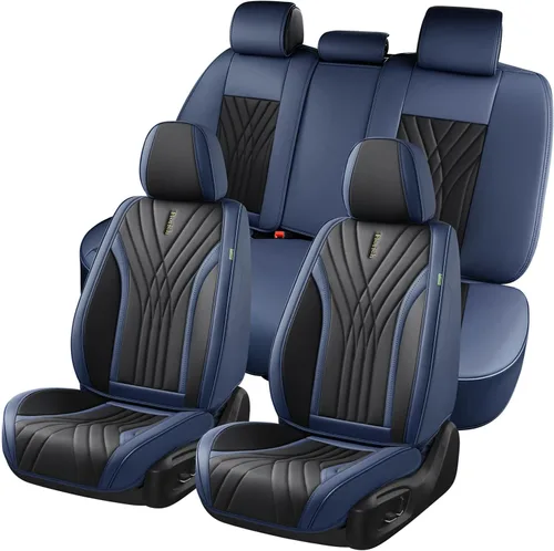 Vista 21 de FLORICH Juego completo de fundas para asiento de coche, fundas de asiento de cuero, fundas universales de lujo para 5 asientos en color negro