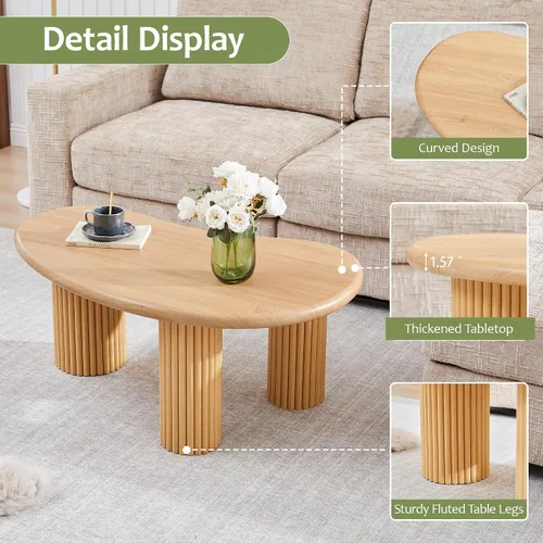 Vista 4 de Mesa de Centro Acanalada, 39'' Mesas de Centro Estilo Granja para Sala de Estar, Mesa Central de Acento de Madera Baja Mesa de Té Pequeña con Base