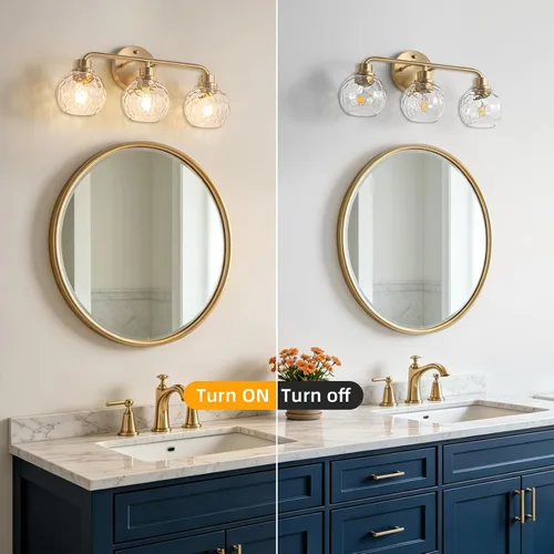 Vista 2 de Lámparas de baño doradas para tocador, 3 luces, apliques de pared, luces de latón cepillado con pantalla de vidrio martillado, lámpara de pared