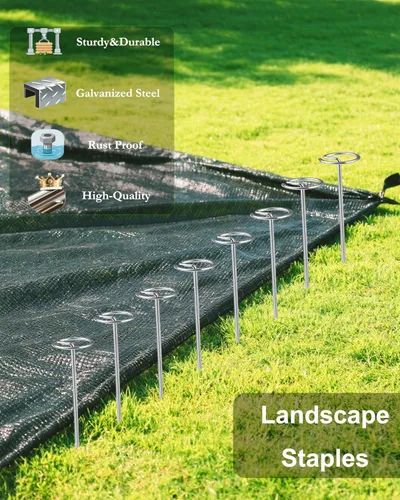 Vista 5 de 50 grapas de paisaje + 1 gancho de púa, estacas de tela de paisaje con parte superior circular, grapas de jardín galvanizadas de 6 pulgadas