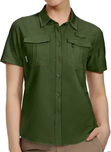 Vista 13 de Haimont Camisas de senderismo y pesca con protección solar para mujer, manga corta, abotonadas, resistentes al agua, de secado rápido