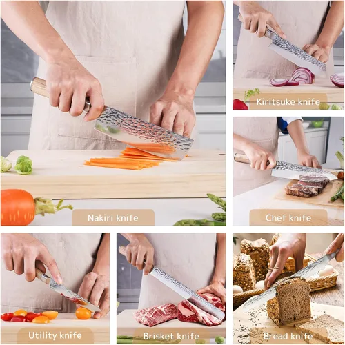 Vista 5 de FINDKING Juego de cuchillos de cocina de 7 piezas, con soporte magnético de madera, elegante juego de cuchillos de chef japoneses, hoja afilada
