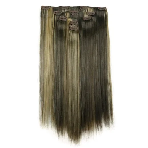 Vista 10 de Lydell Juego de 5 extensiones de cabello sintético con clip de 20 pulgadas de largo y lacio para mujer (12TT26 marrón con reflejos)
