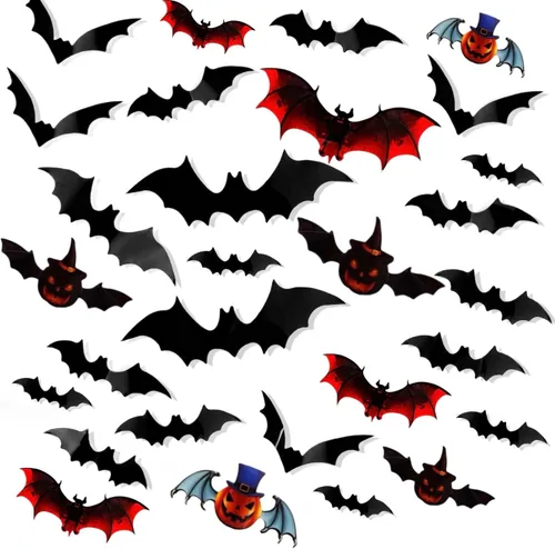 Vista 7 de 93 piezas de decoración de murciélagos de Halloween, 7 tamaños diferentes de murciélagos 3D, decoración de pared reutilizable de PVC negro y rojo