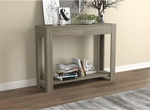 Vista 2 de Safdie & Co. - Mesa consola de color gris pardo oscuro con estante, mesa de pasillo rectangular con cajones, uso como mesa de entrada, escritorio