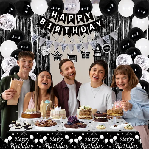 Vista 7 de Decoraciones de globos de cumpleaños negros y plateados para hombres y mujeres, decoraciones de feliz cumpleaños para niños y niñas, mantel