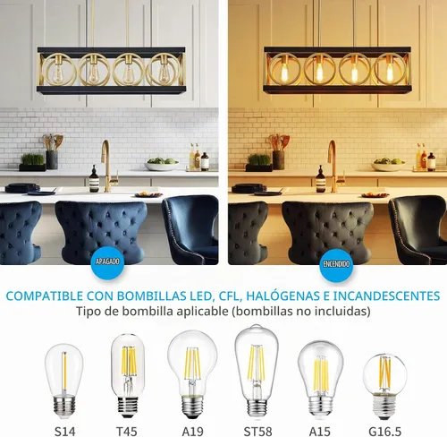 Vista 5 de XINGQI Lámpara de araña rectangular moderna, iluminación de isla de cocina de granja, accesorio de luz colgante industrial rústico de 4 luces