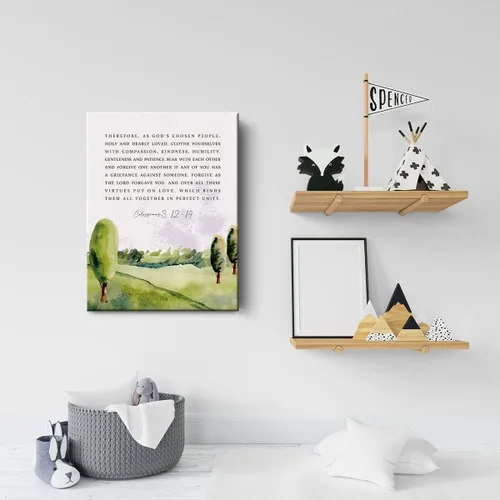 Vista 5 de Lienzo inspirador con versículo bíblico impreso, decoración de acuarela Colosenses 3: 12-14 escrituras cristianas, pósteres de pintura de 12 x 15