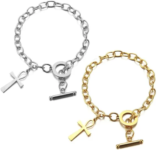 Vista 5 de ZKXXJ Pulsera de cruz Ankh para hombres y mujeres, pulsera de eslabones de acero inoxidable con dije de cruz egipcia Ankh, joyería egipcia, pulsera