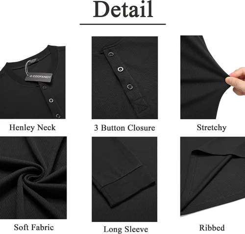Vista 66 de COOFANDY Camisas Henley de manga larga para hombre, camisetas elásticas acanaladas, camisetas básicas casuales de moda