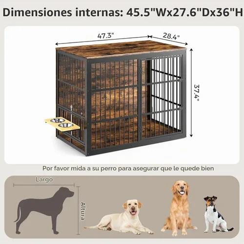 Vista 7 de Lyromix Mueble de jaula para perros XXL de 48 pulgadas con alimentador giratorio, mesa auxiliar de madera grande, jaula de interior resistente