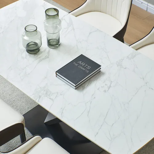 Vista 5 de Juego de mesa de comedor de mármol sintético, mesa de comedor rectangular de 63 pulgadas con mesa de piedra sinterizada y base de acero al carbono